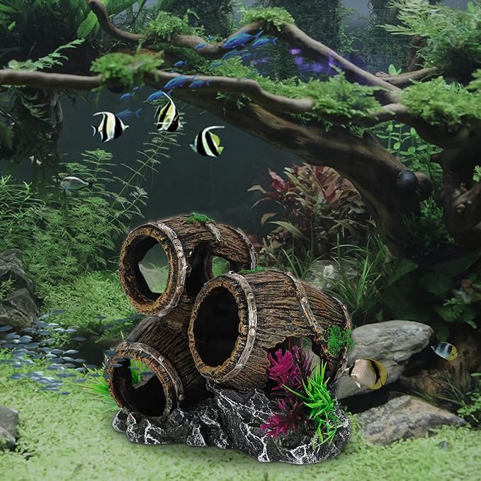 UNEAK - Aquarium Decorations Three Stacked Broken Barrels Fish Tank Decoration Ornament Landscaping Over Rocks Cave Saltwater Freshwater Small & Medium Fish Garden Pond Ornaments Resin