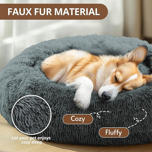 JOLLYVOGUE Small Dog & Cat Beds for Indoor Cats, Donut Cuddler Warming Soft Dog Beds with Anti-Slip Bottom, Round Calming Fluffy Plush Faux Fur Cushion Bed for Large Dogs (36")
