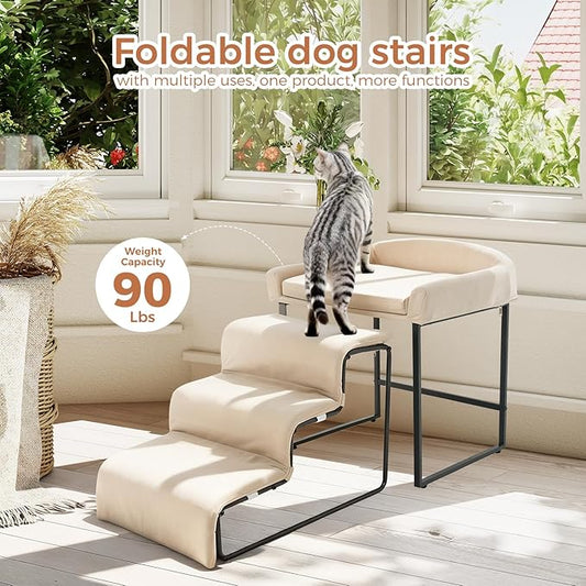 Dog Window Perch with Stairs - Pet Stairs with Seat Bedside Lounge Elevated Pet Bed Non-Slip Dog Window Seat with Sturdy Metal Frame Multi-Level Platform with Foam Upholstery