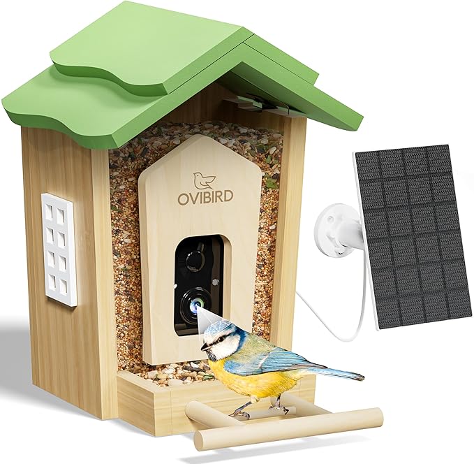 Wooden Smart Bird Feeder with Camera, 1080P HD Video Bird Feeders with Solar Powered, AI Birds ID for 10,000+ Species, IP65 Waterproof, WiFi Birdhouse Camera for Birds Watching Gifts