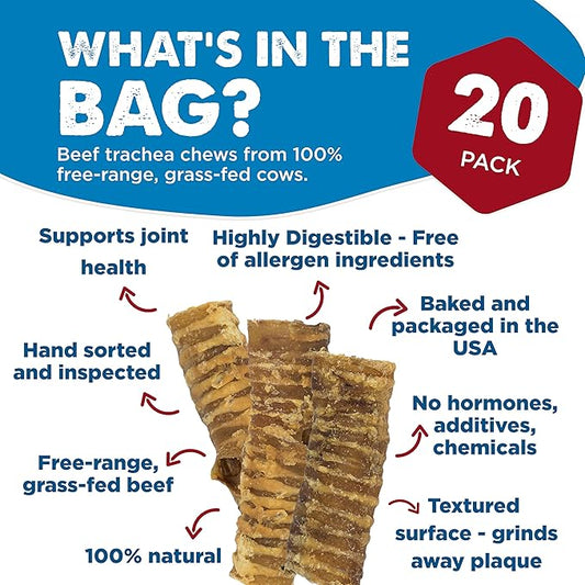Best Bully Sticks Premium 6 Inch Beef Trachea - 20 Count (Pack of 1) - All-Natural, Grain-Free, Single-Ingredient, Supports Dental Health