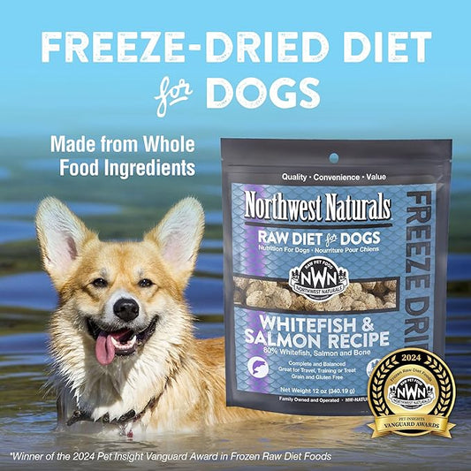Northwest Naturals Freeze-Dried Whitefish & Salmon Dog Food - Bite-Sized Nuggets - Grain-Free, High-Protein, Raw Diet, Human-Grade Ingredients, All Natural, Omega-3 for Skin & Coat, Made in USA, 12 Oz