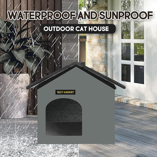 Rest-Eazzzy Cat House for Outdoor Cats, Weatherproof and Insulated Feral Cat House with Mat and Clip, Easy to Put Together, Selfwarming Cat Shelter for Winter(Grey, Waterproof House-S)