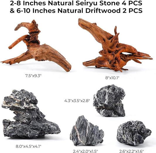 FISCAPE Aquarium Rocks & Driftwood Decor Kit, 2-8 Inches Natural Seiryu Stone 4 PCS for Aquascaping, 6-10 Inches Natural Driftwood 2 PCS for Fish Tank Decoration, Reptile and Amphibian Enclosures
