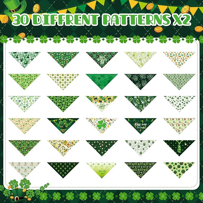Sanwuta 60 Pcs St Patricks Day Dog Bandanas Bulk Shamrock Scarf Dog Bibs Adjustable Puppy Kerchief Holiday Pet Grooming Supplies Outfit Costume for Small to Large Pet(Shamrock, Large)