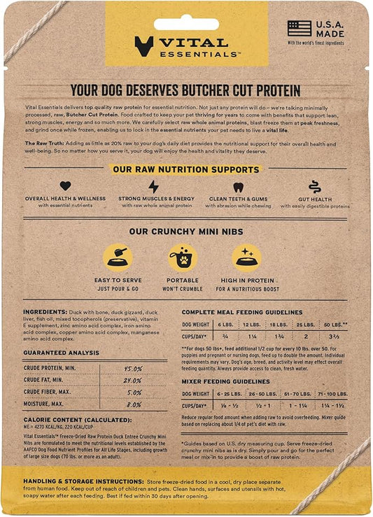 Vital Essentials Freeze-Dried Raw Duck Crunchy Mini Nibs | Complete Meal or Mixer Dog Food | 5.5 oz