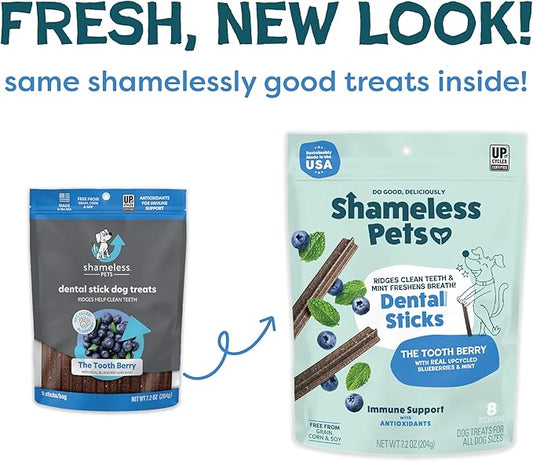 Shameless Pets Dental Chews for Dogs, Variety (4-Pack) - Natural Dog Teeth Cleaning Treats with Fresh Breath Benefits | Grain-Free Dental Sticks for Small, Medium & Large Dogs