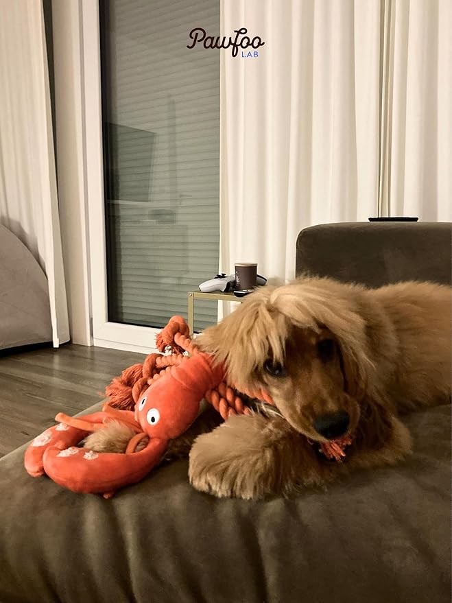 Pawfoo Lab Large Squeaky Dog Toys, Rope Tug of War Dog Toys for Puppy, Small, Medium, Large Dogs, Interactive Stuffed Lobster Plush Toys