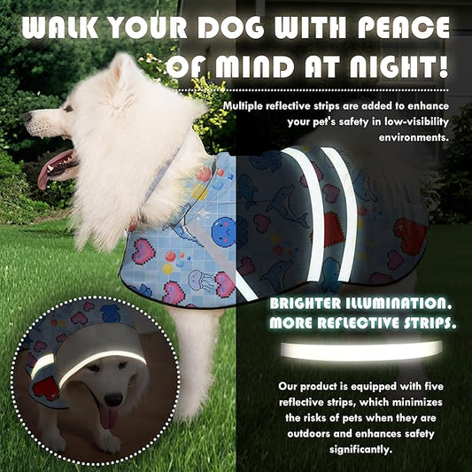 Dog Raincoat, Adjustable Rain Jacket with Hooded Double Layer for Large Medium Small Dogs Puppies, Lightweight Waterproof Rain Coat Poncho with Reflective Stripe Ocean Dolphin Blue,L