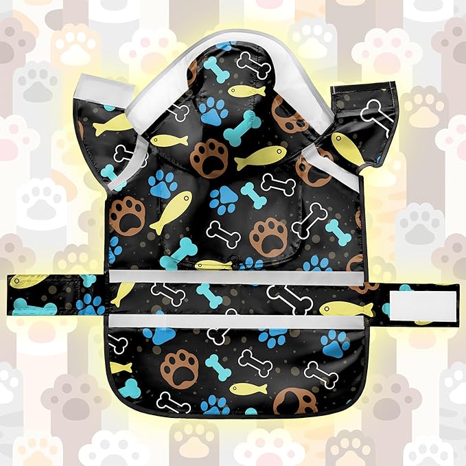 Dog Raincoat, Adjustable Rain Jacket with Hooded Double Layer for Large Medium Small Dogs Puppies, Lightweight Waterproof Rain Coat Poncho with Reflective Stripe Paw Print Black,XL