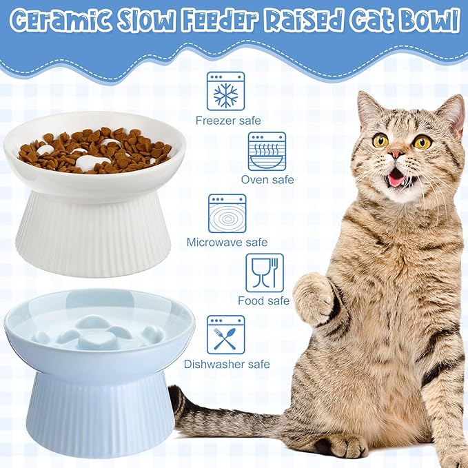 Tioncy 2 Pcs Raised Cat Slow Feeder Bowl Ceramic Elevated Cat Dog Food Bowl No Spill High Edge for Dry Wet Food and Water Easy to Clean, Dishwasher Safe(White, Blue)