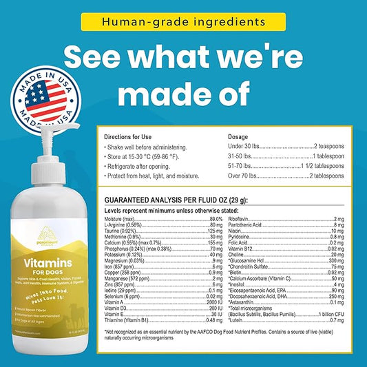 Paramount Pet Health Liquid Multivitamin for Dogs with Probiotics, 8 in 1 Vitamins for Immune Support, Energy & Digestion, High Absorption Liquid Dog Supplement, Made in USA, 16 oz