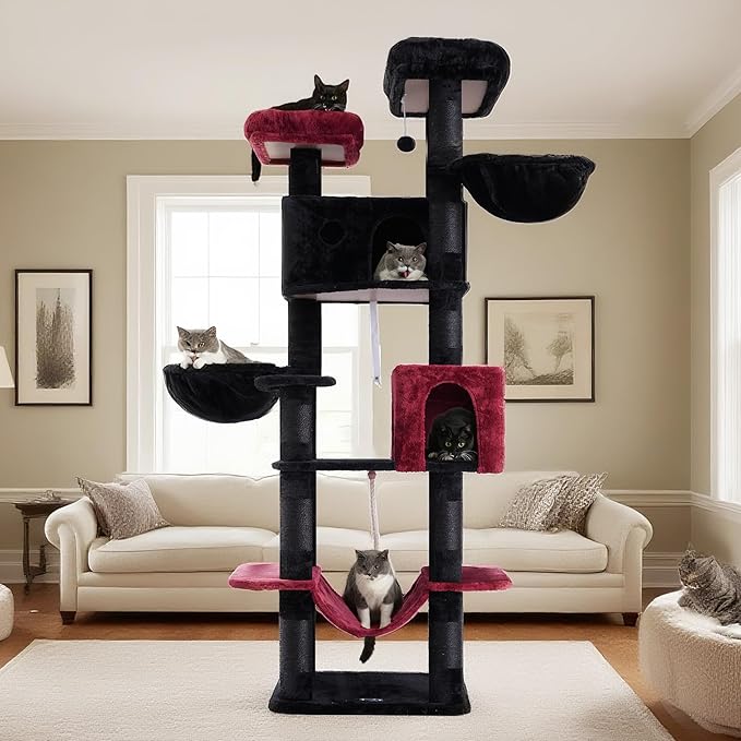 Tall Cat Tree, Large Cat Tower for Adult Cats, 80.7'' (205cm) Heavy-Duty Cat Tree House for Indoor Cats 20 lbs+ with Scratching Posts, 2 Top Perches/Condos, Hammcok, Black(Gothic) GCT034BR