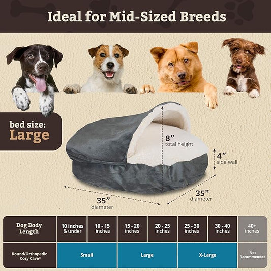 Snoozer Cozy Cave Dog Bed - Indoor Dog Bed with Cover Cave, Covered Calming Burrow for Small & Medium Sized Pets with Blanket Attached, Enclosed, Removable Washable Cover - Large, Anthracite