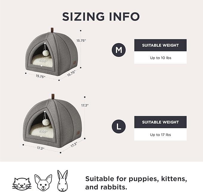 Bedsure Cat Beds for Indoor - 2 in 1 Cat Cave House Tent for Kittens and Small Pets with Removable Washable Cushioned Pillow, Foldable Kitten Hideaway with Non-Slip Bottom, Grey, 16 inches