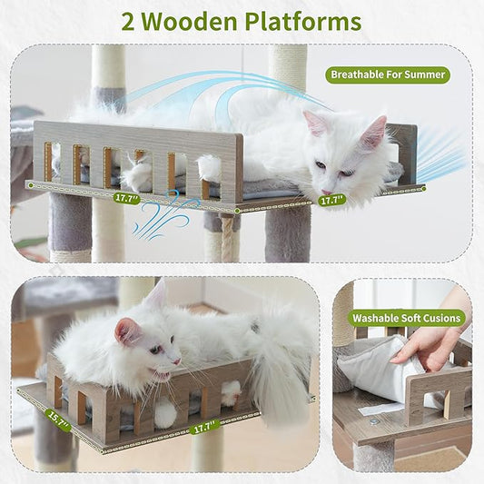 Maine Coon Cat Tree, Heavy Duty Cat Tree for Indoor Cats Large Adult, Cat Tower for Large Cats 20 lbs+ with Hammock, 2 Big Perches, 2 Cat Condos, 15 Scratching Posts, Light Gray GCT033W
