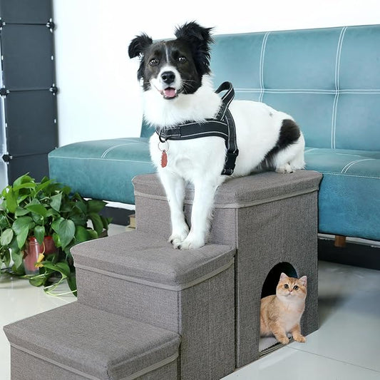 Dog Stairs with Storage Dog Steps for High Beds 3-Step Pet Stairs Ramp with Storage Box and Condo for Small Dogs Cats Pets