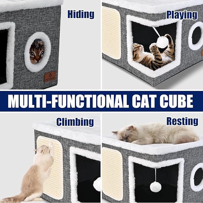 Cat Beds for Indoor Cats, Large Cat Cave Bed with Scratch Pad and Fluffy Ball, Foldable Cat Hideaway, Cat House with Reversible Cushion for Multi Small Pet Up to 30LBS, Grey
