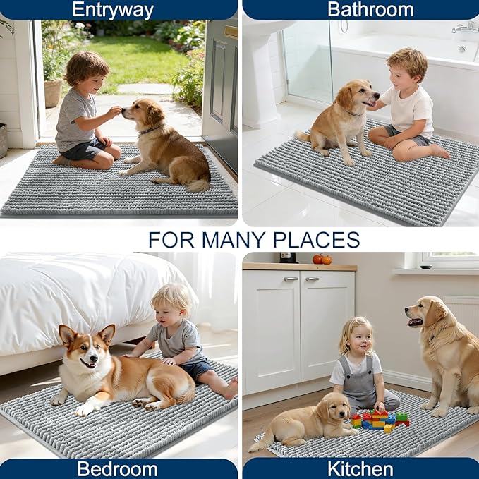 OLANLY Dog Door Mat for Muddy Paws 30x20, Ultra Absorbent Chenille Mud Doormat, Non-Slip Washable and Dirt Trapping Doormat for Indoor Entryway, Quick-Dry Indoor Pet Bed Mats for Dogs, Grey