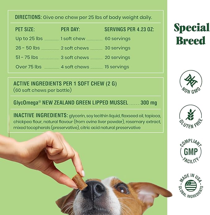 Green Lipped Mussel for Dogs & Cats - 60 Soft Chews - New Zealand Green Lipped Mussels - Natural Hip & Joint Supplement for Joints, Tendons, Ligaments, Muscles