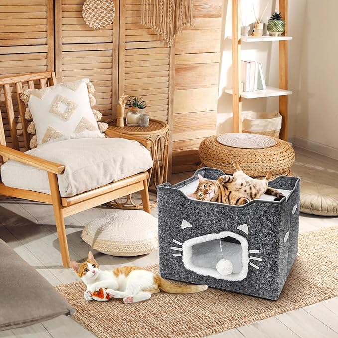 Cat House for Indoor Cats, Large Covered Cat Bed with Cushion Pad Fluffy Ball Hanging, Foldable Cute Cat Cave Bed Cat Condo Hideaway for Pet Cats, Multi Small Pet, Grey