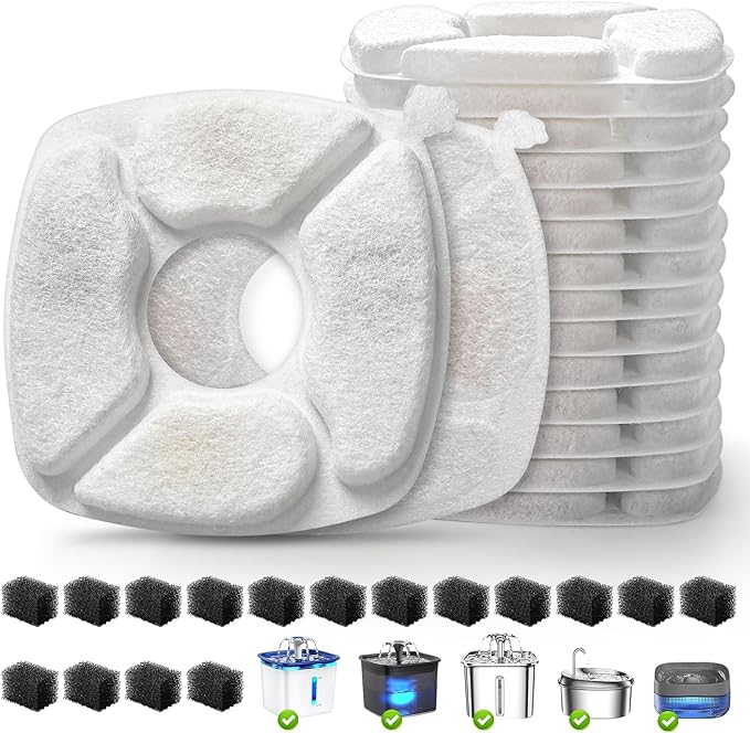 32 Pcs Cat Water Fountain Replacement Filters-16 Pack Cat Fountain Filters with 16 Pack Sponges, Enhanced Compatibility Pet Fountain Filter Fit for 95oz/2.8L 135oz/4L 67oz/2L Pet Drinking Fountain