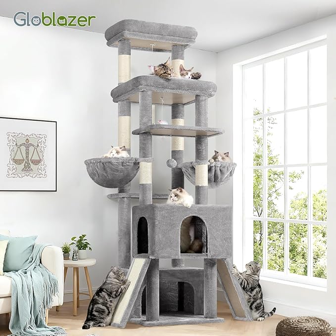 Globlazer Heavy Duty Cat Tree 78 inch Sturdy Cat Tower for 20lbs Large Adult Cats, Symmetrical Aesthetic Big Cat Tree with Extra Large Platform, 2 Scratching Boards, Z78, Light Grey