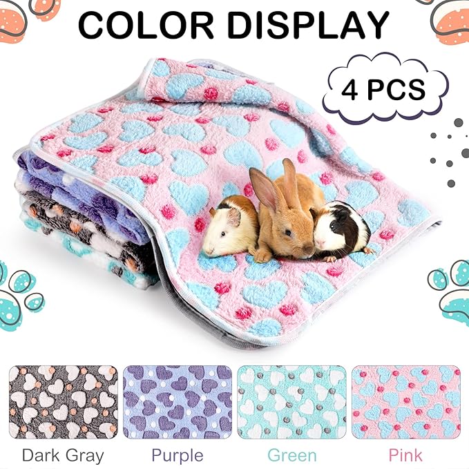 Reginary 4 Pcs Waterproof Guinea Pig Blankets Washable Small Animal Fleece Bedding Guinea Pig Cage Liners Reusable Training Pads Pet Pee Pad Sleep Mat for Hamster(Heart Pattern,12 x 12 Inch)