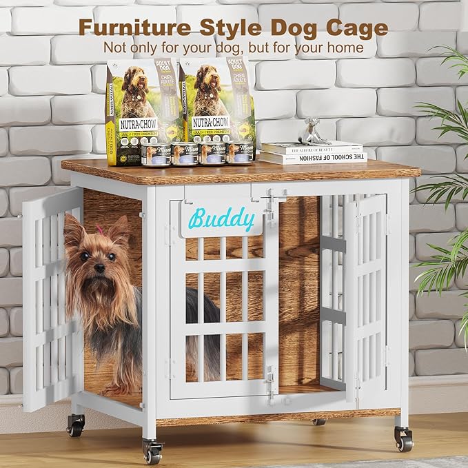 EasyCom 27"/33" Heavy Duty Dog Crate Furniture with Name Tag, Dog Kennel Indoor for Small Dogs, Double-Doors Sturdy Metal Dog Cage for Anxiety Dog, Decorate House as TV Stand, End Table, Bedside Table