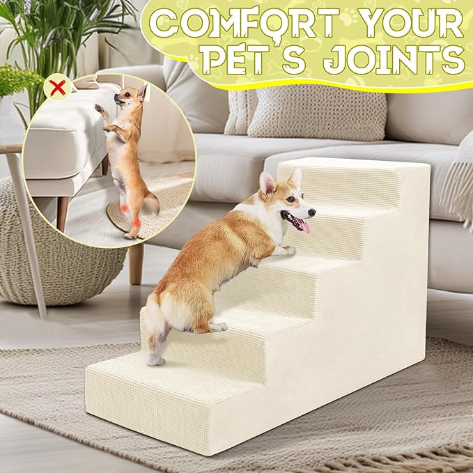 Niubya Dog Stairs for Small Dog and Cats,23”H Non-Slip Bottom Pet Steps for High Beds and Couch,High-Density Foam Pet Stairs White,5 Steps
