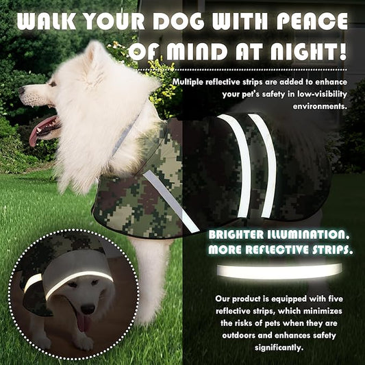 Dog Raincoat, Adjustable Rain Jacket with Hooded Double Layer for Large Medium Small Dogs Puppies, Lightweight Waterproof Rain Coat Poncho with Reflective Stripe Mosaic Camouflage Green,M