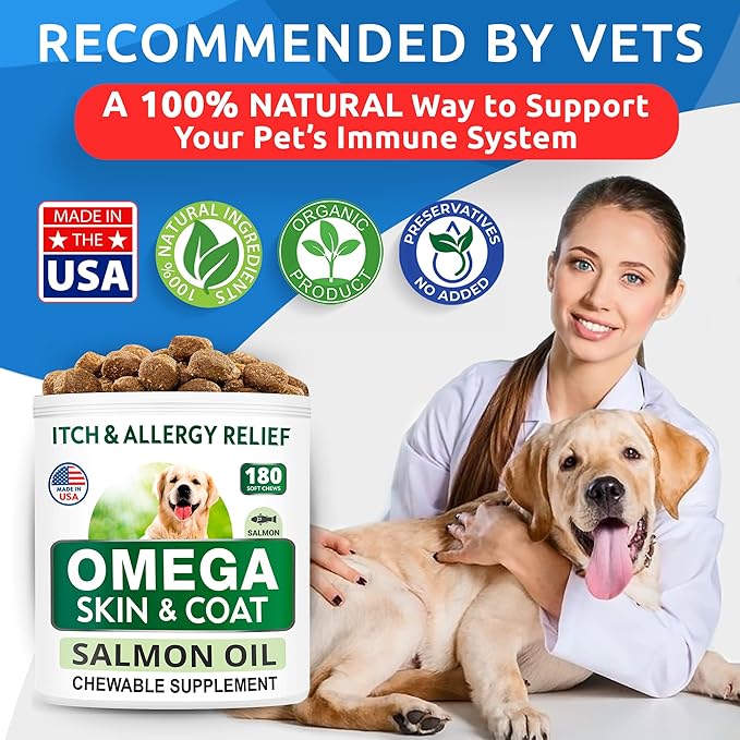 Omega 3 for Dogs and Cats - 180 Fish Oil Treats for Dog Shedding, Skin Allergy, Itch Relief, Hot Spots Treatment - Joint Health - Skin and Coat Supplement - EPA & DHA Fatty Acids - Salmon Oil - Bacon