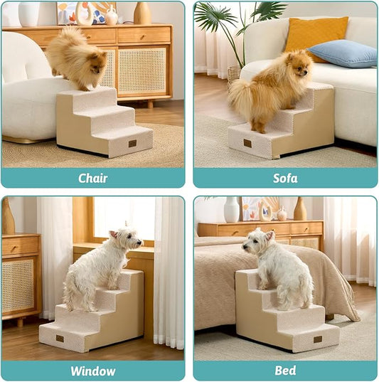 Dog Stairs for Small Dogs, 3 Tier Pet Stairs for Couch, 13.5" H Non-Slip Dog Steps for Old Cats, Puppy, Small Dogs, 15.7x17.7x13.5 inch, Beige