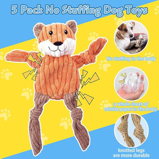 MRSOHRET 5 Pack Squeaky Dog Toys, No Stuffing Plush Dog Chew Toy Puppy Teething Toys to Keep Them Busy, Chewer Tough Durable Crinkle Interactive Dogs Toy Bundle for Small Medium Large Dogs