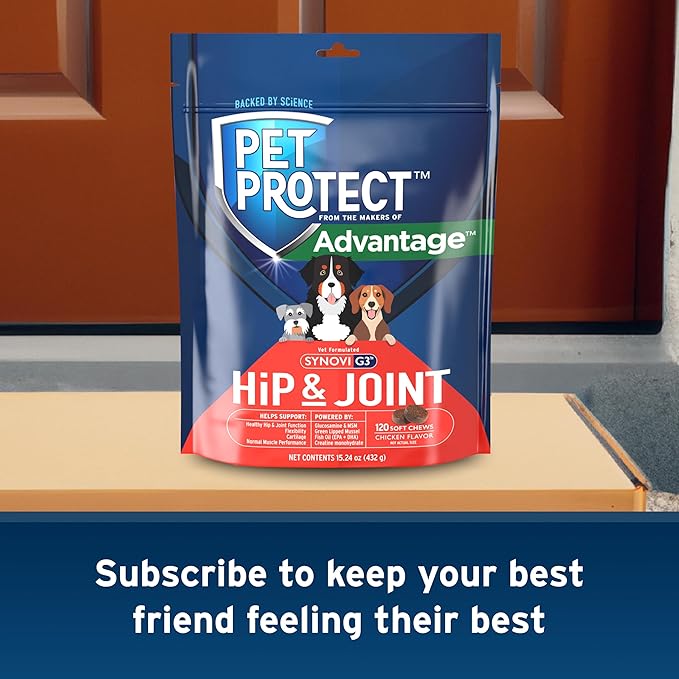 Pet Protect Dog Hip & Joint Supplement for Occasional Joint Stiffness, Vet-Formulated Synovi G3, Dog Glucosamine, Chicken-Flavored Soft Chews (120 Count)