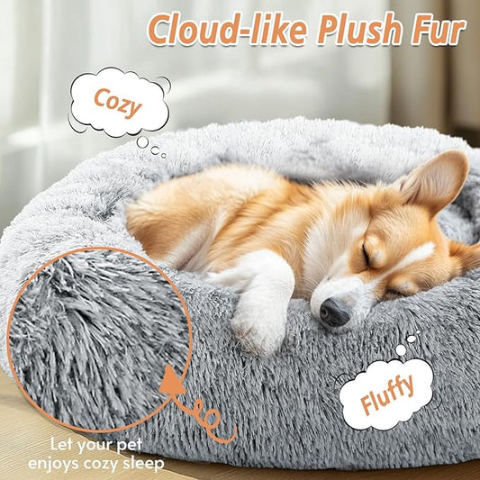 JOLLYVOGUE Calming Dog & Cat Bed for Small Dogs, Anti-Anxiety Donut Cuddler Cozy Soft Round Bed with Anti-Slip Bottom, Fluffy Faux Fur Plush Cushion Beds for Small Dogs, (23", Smoke Gray)