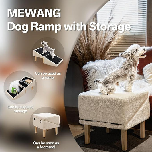 MEWANG Dog Ramp with Storage for Small Dogs & Cats – Pet Stairs, Footstool and Hidden Storage Box, 3-in-1 Design, Anti-Slip, Supports up to 100kg, Suitable for Sofas, Beds, and Living Room Use-Beige
