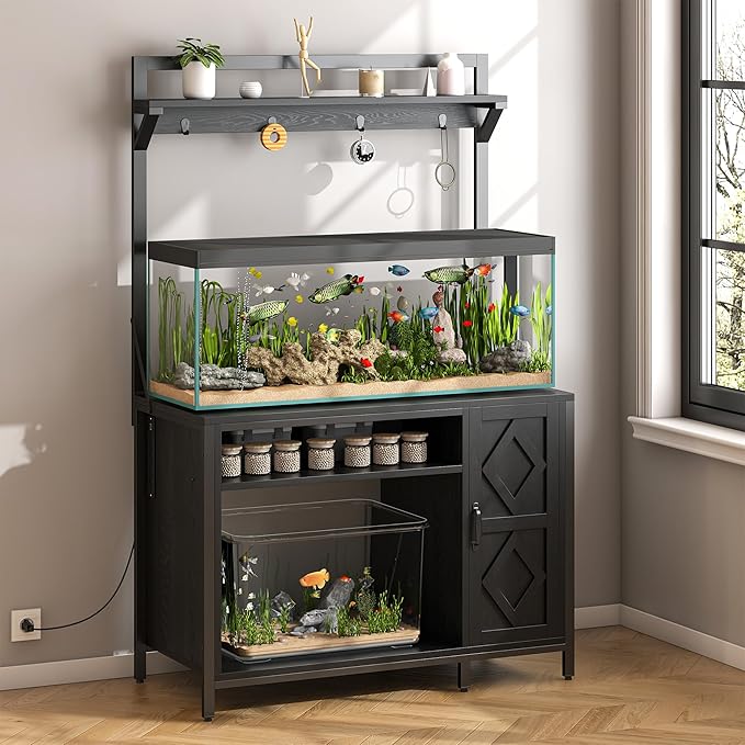 kepptory 40-50 Gallon Diamond Fish Tank Stand with Power Outlet, Heavy Duty Aquarium Cabinet with Display Shelf and 4 Hooks, Suitable for Turtle Tank, Reptile Terrarium for Home Office (Classic Black)