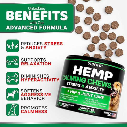Hemp Calming Chews for Dogs - Advanced Dog Calming Chews - 170 Treats - Anxiety Relief Treats - Hemp Oil - Separation Aid, Stress, Hip and Joint Supplement for Canine Health Support - Beef Flavor