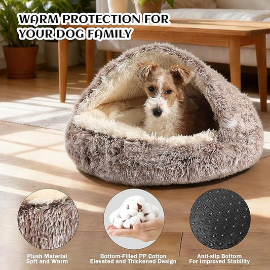 NOYAL Round Hooded Donut Dog Bed for Small & Medium Pets - Plush Fluffy Anti-Anxiety Cat Cave Bed with Cover