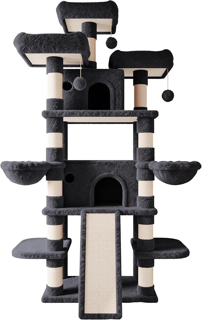 SHA CERLIN 81 Inches Extra Large Cat Tree for Indoor Adult Cats/XXL Big Cat Tower with Condo/Cozy Perches/Sisal Scratching Posts and Hammocks/Activity Center/F80/Heavy Duty/Dark Grey