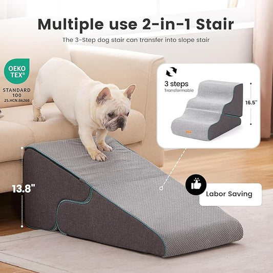 Gardner Pet Dog Stairs for Small Dogs 16.5" H, 2 in 1 Transformable 3-Step Pet Stairs and ramp, Dog Steps for Couch (13-20 in) with Durable Non-Slip Waterproof Cover and CertiPUR-US Certified Foam