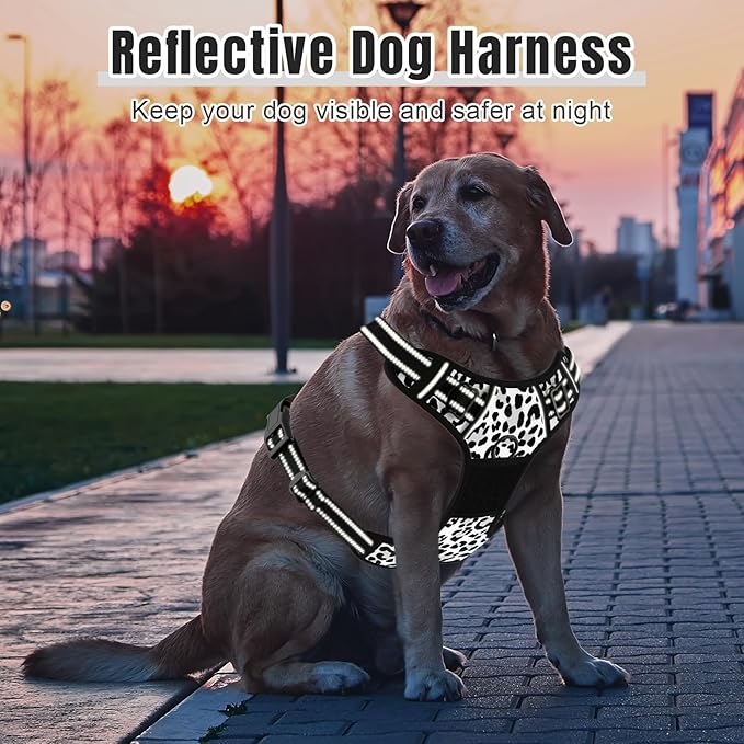 Rnivvi No Pull Dog Harness, Cute Leopard Reflective X-Large Sized Puppy Harness, Adjustable Soft Padded Vest for Large Dogs, Heavy Duty Pet Vest with Easy Control Handle for Walking Training, White