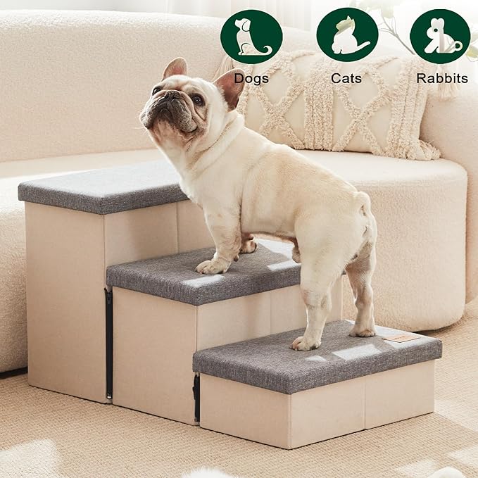 Love's cabin Dog Stairs for High Bed 18"H,Foldable Pet Stairs for Small Medium or Large Dogs Puppy with Storage for Bed or Couch, Cat Dog Steps Ramp with Zip up to 200 lbs(Light Grey,3 Steps no Condo)