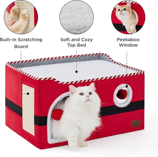 Bedsure Large Cat Beds for Indoor Cats - Extra Wide Cat Cube House for Small Pet with Fluffy Ball Hanging and Scratch Pad, Foldable Pet Cave Hideaway for Multiple Cats, 23.6x16.9x13 inches,Red