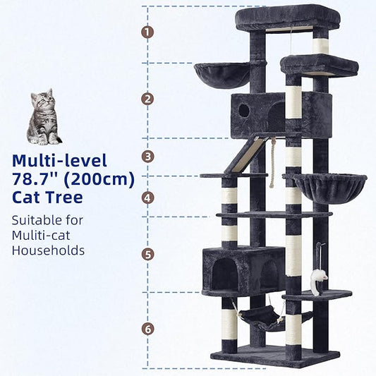 Cat Tree for Large Cats, 78.7"(200cm) Tall Cat Tower for Indoor Cats Multiple Cats with Large Top Perch, Cat Condo, Cat Hammcok, Cat Scratching Post, Dark Gray GCT031G