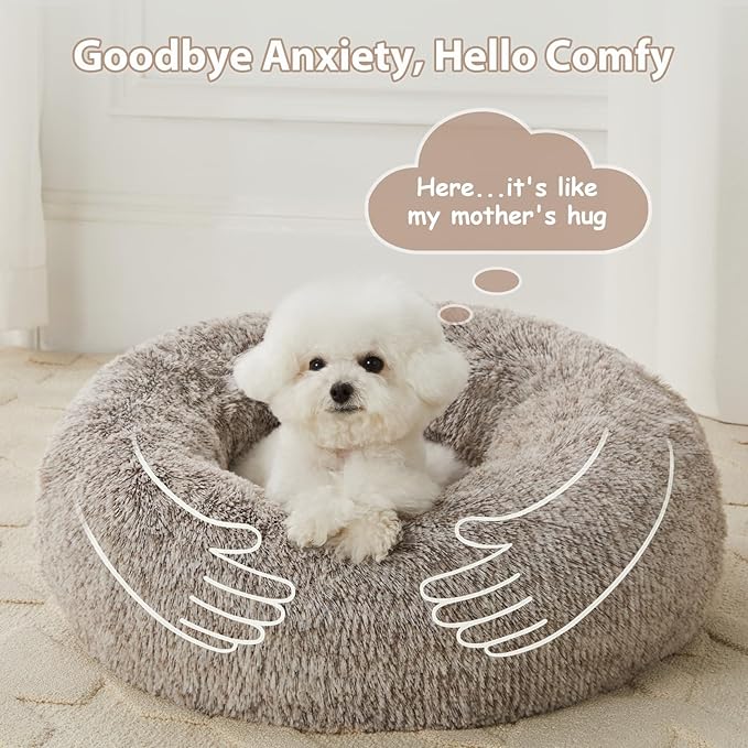 WNPETHOME Donut Dog Beds Large Sized Dog,Anti-Anxiety Caming Large Pet Bed,Fluffy Faux Fur Plush Puppy Bed,Warming Cozy Soft Round Bed for Pet, Cat Cuddler Cushion