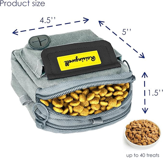 Dog Treat Pouch for Pet Walking and Training with Clicker Poop Bags and Three Bags Design Small Fanny Zipper Pack Holder for Puppy Snack Dispenser Kit for Leash and Outdoor Use (Gray)