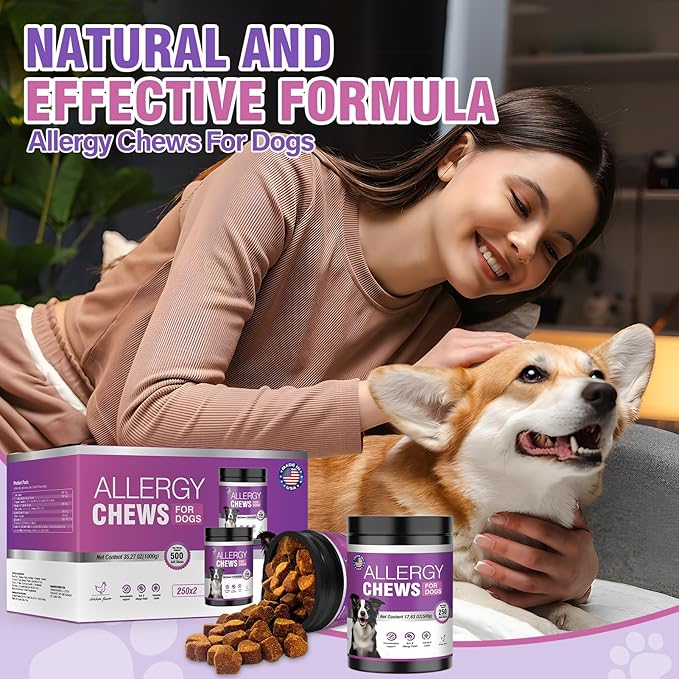 Dog Allergy Chews 500PCs,Dog Allergy and Itching Skin Relief Anti Itch Aller Immune Bites for Dogs Itching Licking Paws Treatment Relief Itchy Aller Probiotics Vitamins for Skin and Coat Allergies