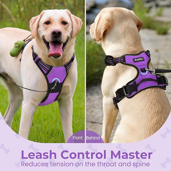 Funfox Dog Harness No Pull, Adjustable Pet Vest Harness Purple S with Handle, 2 Leash Clips for Daily Walking Easy Control, Soft Durable Reflective Comfortable for Small Sized Dogs